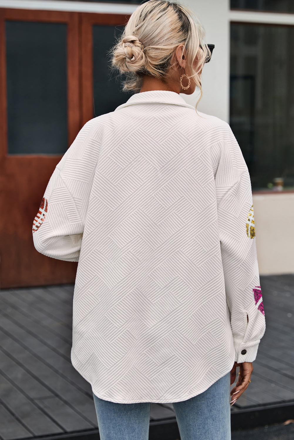Beige Sequin Rugby Football Textured Knit Collared Game Day Shirt Jacket from MsDressly
