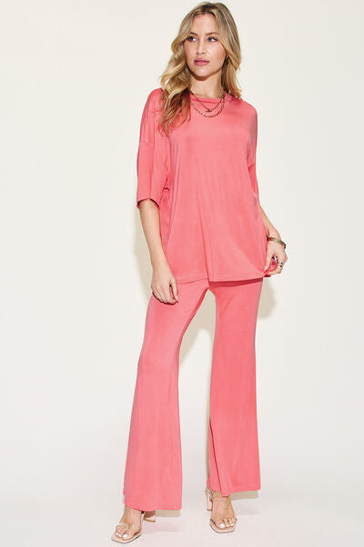 Basic Bae Full Size Bamboo Drop Shoulder T-Shirt and Flare Pants Set from Enfance-Heureuse