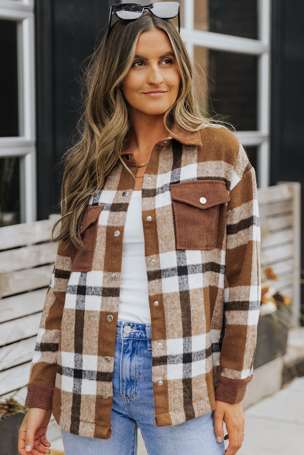 Phoebe Pocketed Buttoned Plaid Shirt Jacket from Threaded Pear