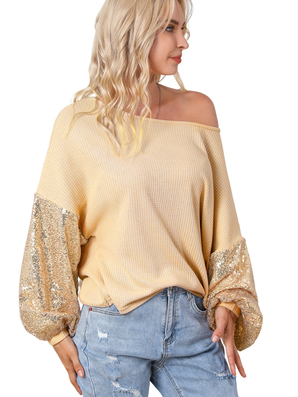 Apricot Sequin Patchwork Waffle Knit Open Back Top with Long Sleeves from MsDressly
