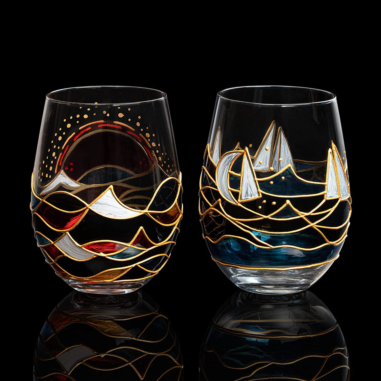 Artisanal Hand Painted Sunrise Glasses, Stemless Set of 2 Wine, Water & Whiskey Glasses - The Wine Savant - Crystal Tumblers - Gift Idea for Her, Him, Birthday, Housewarming - Large Goblets (18.5 OZ) from The Wine Savant