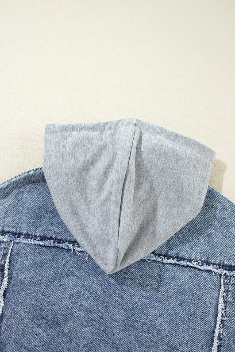Beau Blue Plaid Print Patchwork Hooded Raw Hem Denim Jacket from MsDressly