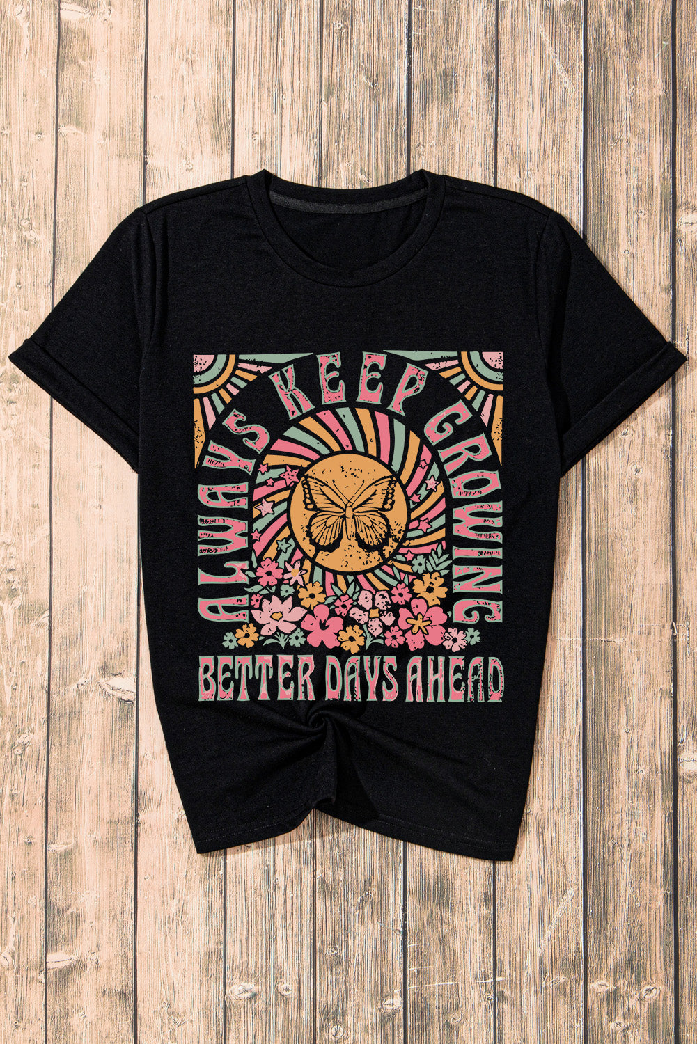 Black Always Keep Growing Butterfly Flower Crewneck T-Shirts from MsDressly