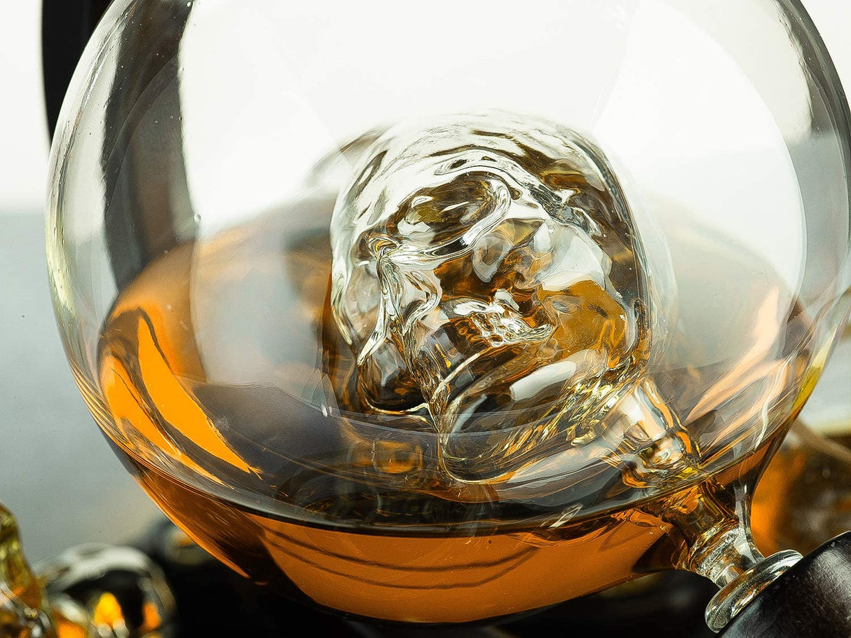 Skull Skeleton Wine & Whiskey Globe Decanter Set 850 mL With 4 Skull Head 3oz Skeletons Shot Glasses And Skull Chillers Wooden Base Decor Glass Goth Spooky Drinking Glassware from The Wine Savant