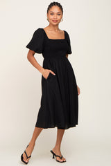 Black Smocked Puff Sleeve Maternity Midi Dress from PinkBlush