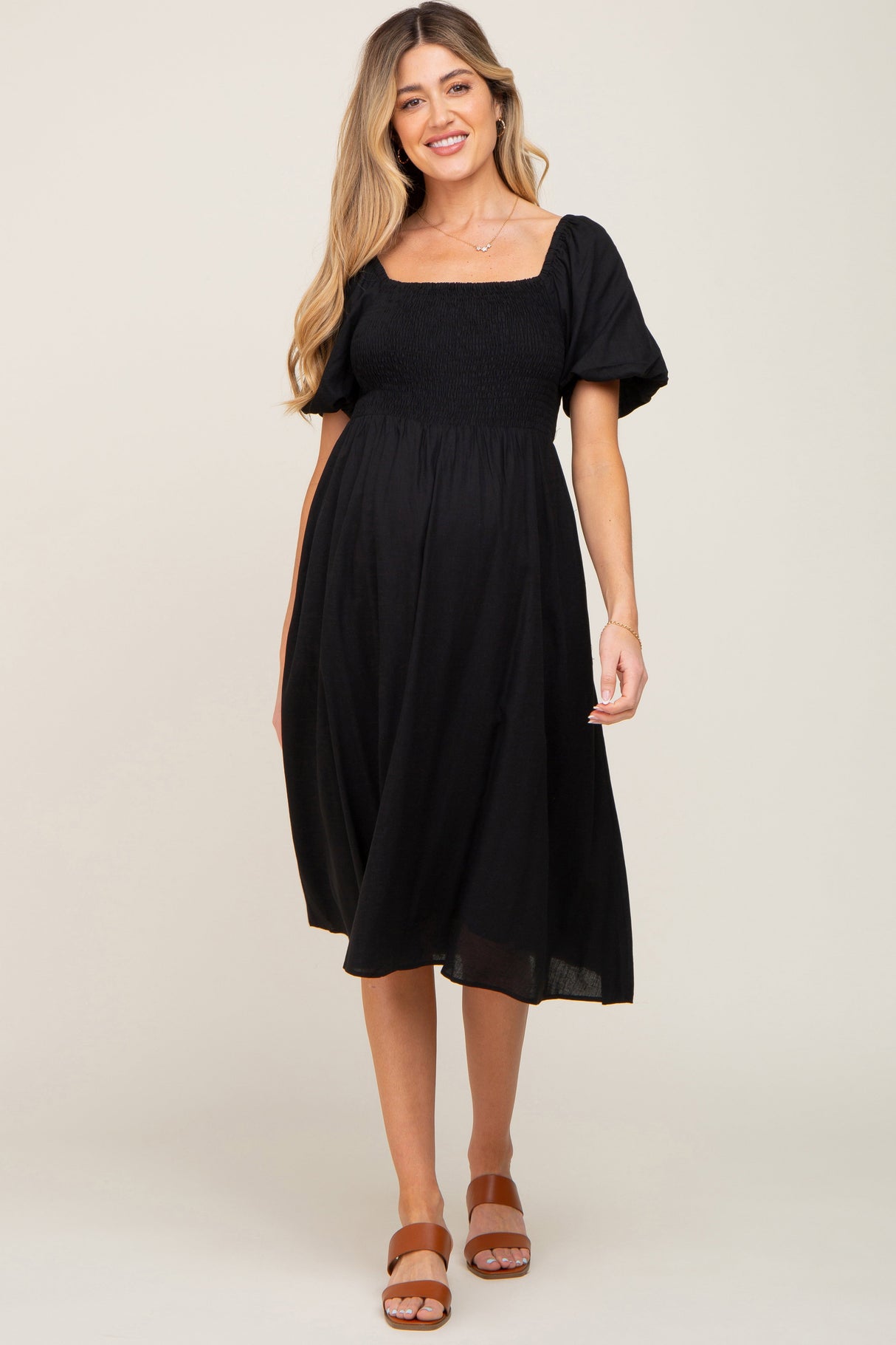 Black Smocked Puff Sleeve Maternity Midi Dress from PinkBlush