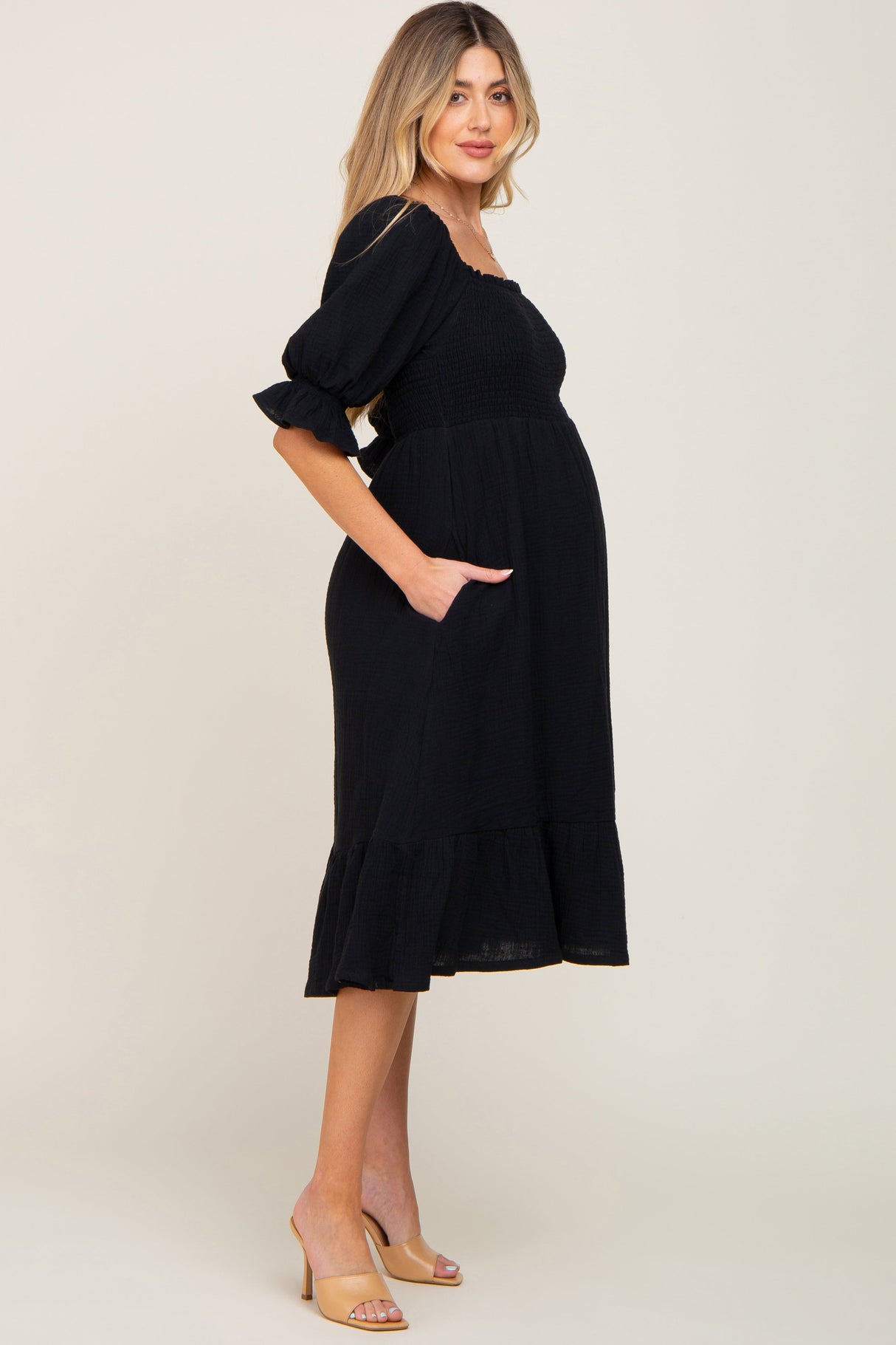 Black Smocked Puff Sleeve Maternity Midi Dress from PinkBlush