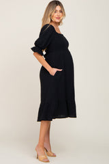 Black Smocked Puff Sleeve Maternity Midi Dress from PinkBlush