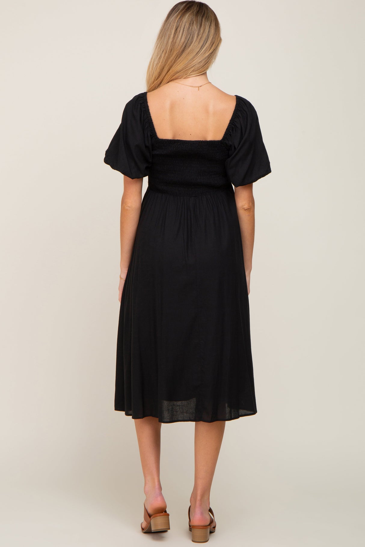 Black Smocked Puff Sleeve Maternity Midi Dress from PinkBlush