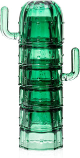 Cactus Stackable Glasses, Stacktus Gifts, Set of 6-10 oz Cactus Shape Glasses With Handles Green Glass Blown Figurines Plant Decorations for Parties 3.5" H 5" W - Copyright Design, Patent Pending from The Wine Savant