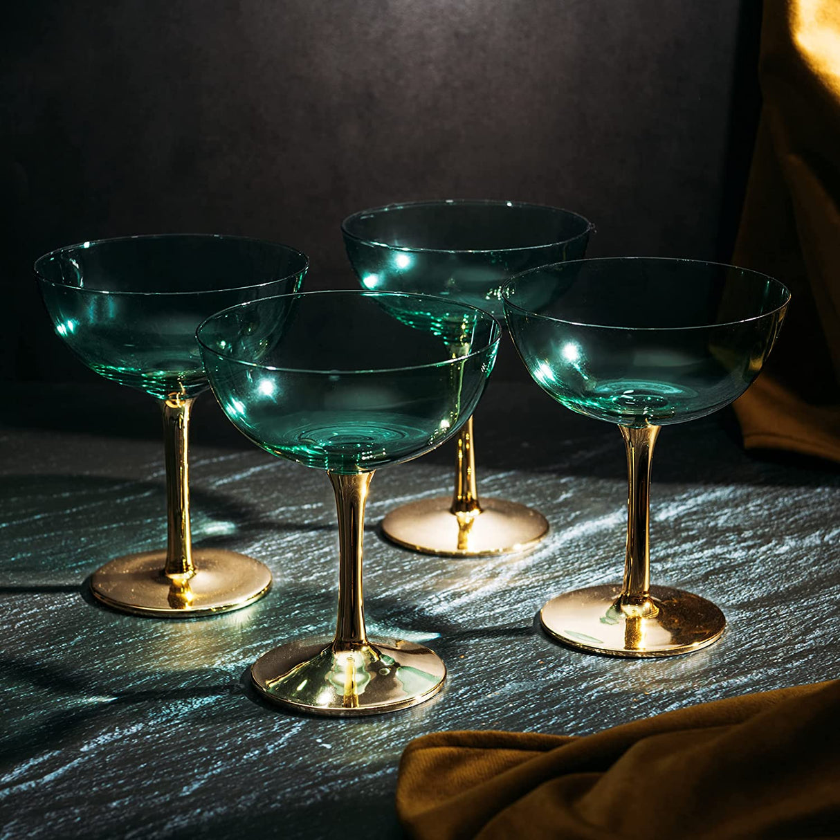 Colored Coupe Art Deco Glasses, Gold | Set of 4 | 8 oz Classic Cocktail Glassware for Champagne, Martini, Manhattan, Sidecar, Crystal Speakeasy Style Goblets Stems (Green) from The Wine Savant