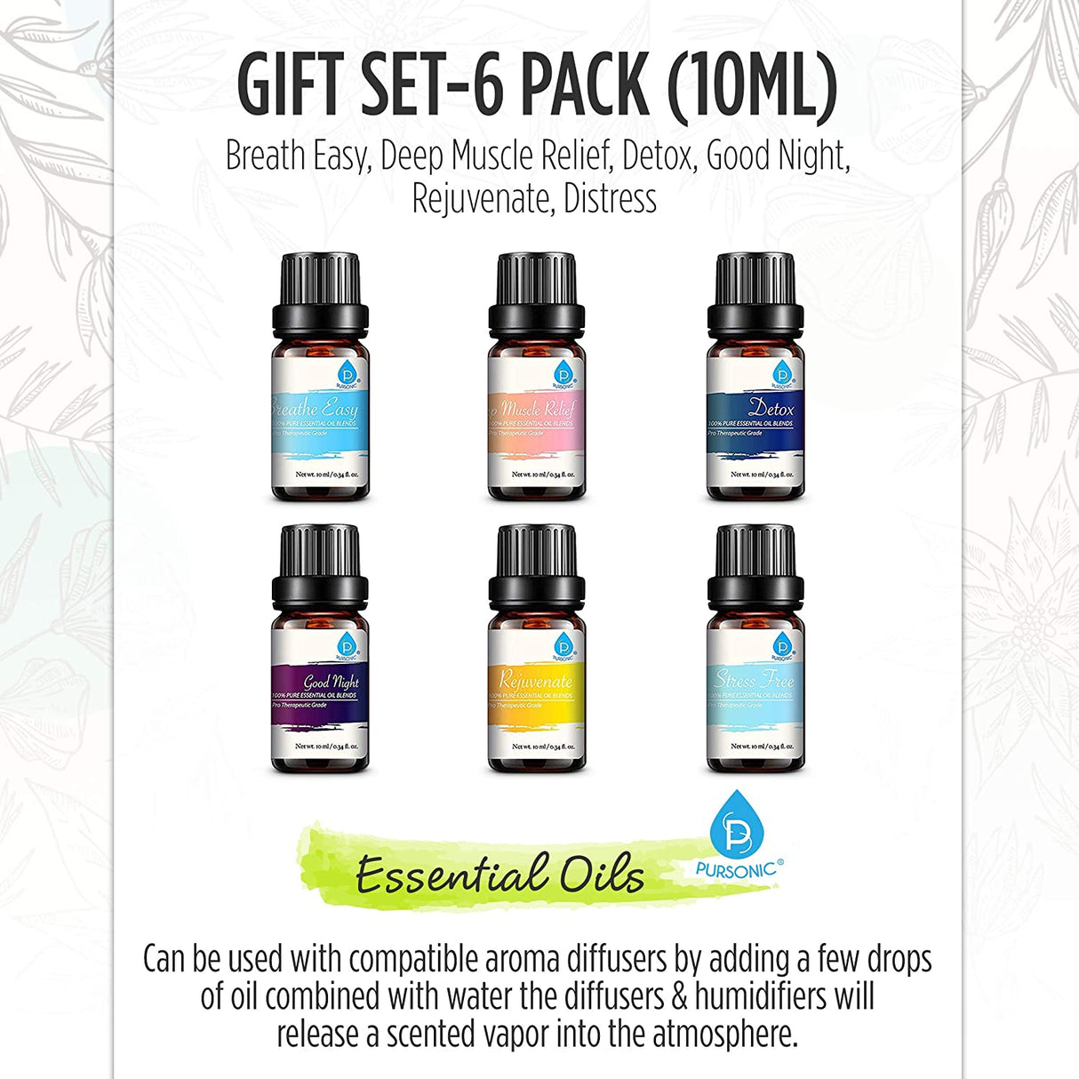 6 Pack of 100% Pure Essential Aromatherapy Oils Blends from Pursonic
