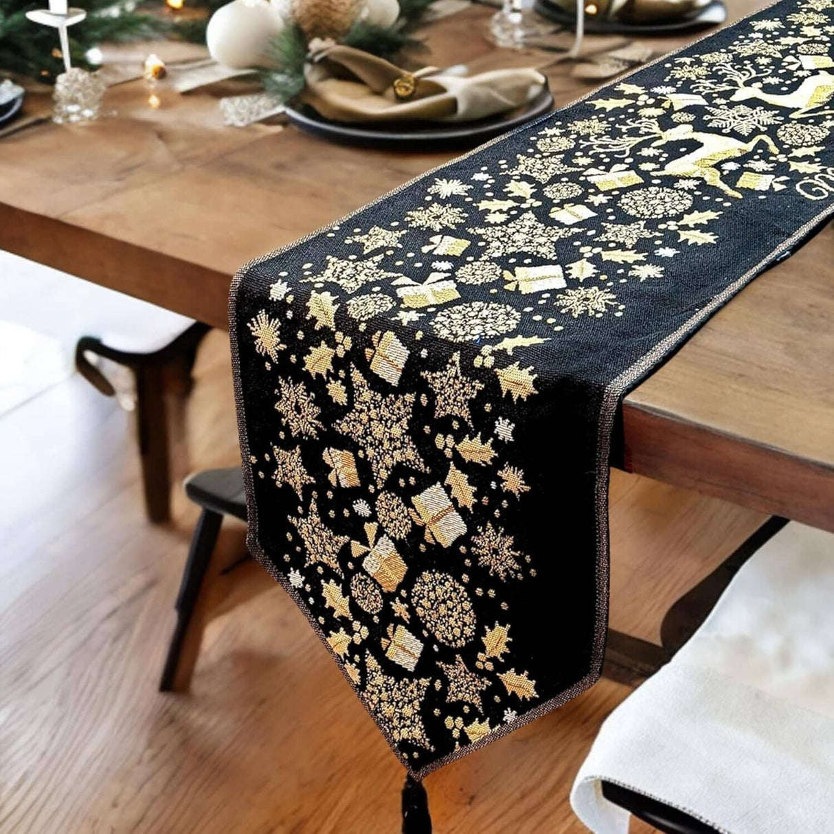 DaDa Bedding Magical Golden Reindeer Woven Tapestry Dining Table Runner (18272) from DaDalogy Bedding Collection