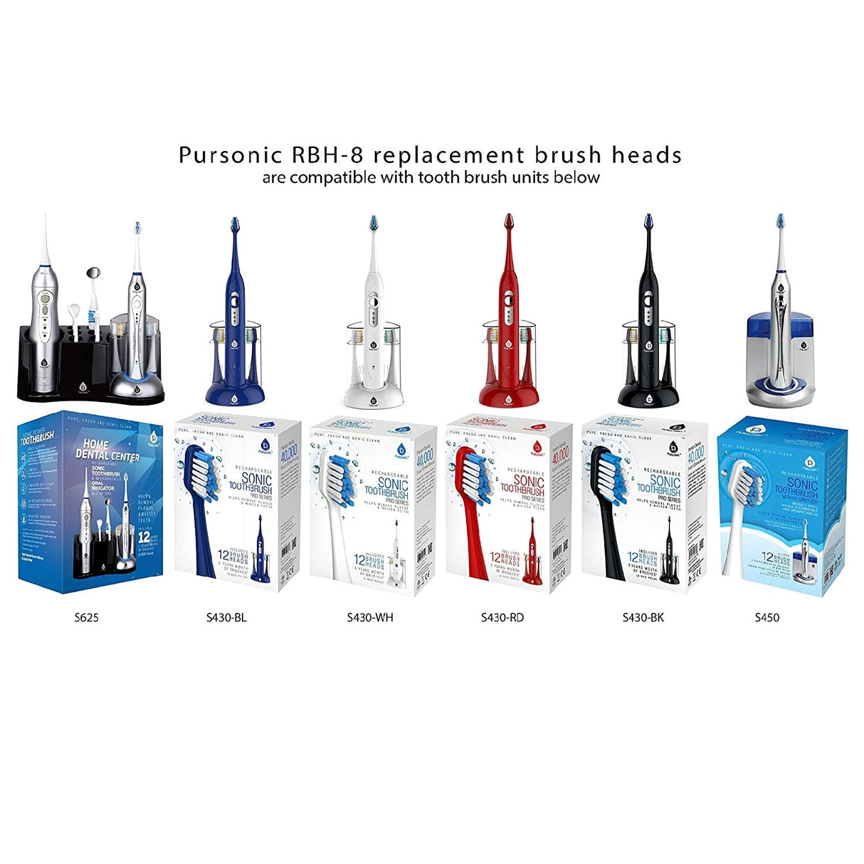 8 Pack Brush Heads Replacement (S400/S420/S430/S450/S620/S625) from Pursonic