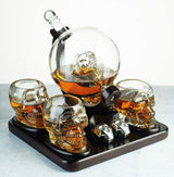 Skull Skeleton Wine & Whiskey Globe Decanter Set 850 mL With 4 Skull Head 3oz Skeletons Shot Glasses And Skull Chillers Wooden Base Decor Glass Goth Spooky Drinking Glassware from The Wine Savant