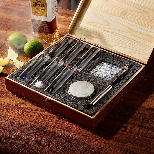 Tequila Shot Glass & Salt Gift Set for Men & Women | Six Agave Shot Glasses, Knife For Limes, One Skull Coaster, One Salt Tin | Skeleton Mahogany Wood Box Package For Tequila, Liquor Lovers from The Wine Savant