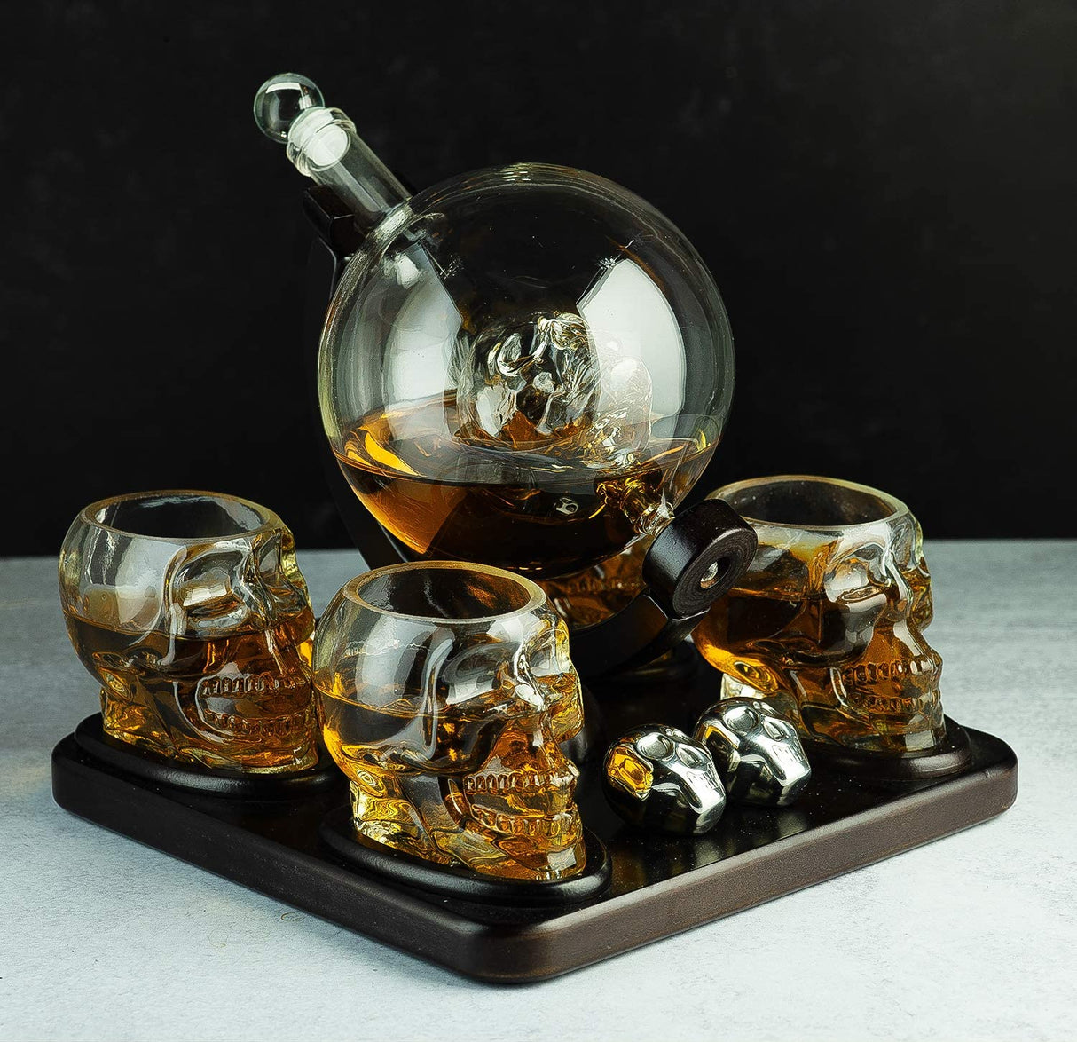 Skull Skeleton Wine & Whiskey Globe Decanter Set 850 mL With 4 Skull Head 3oz Skeletons Shot Glasses And Skull Chillers Wooden Base Decor Glass Goth Spooky Drinking Glassware from The Wine Savant