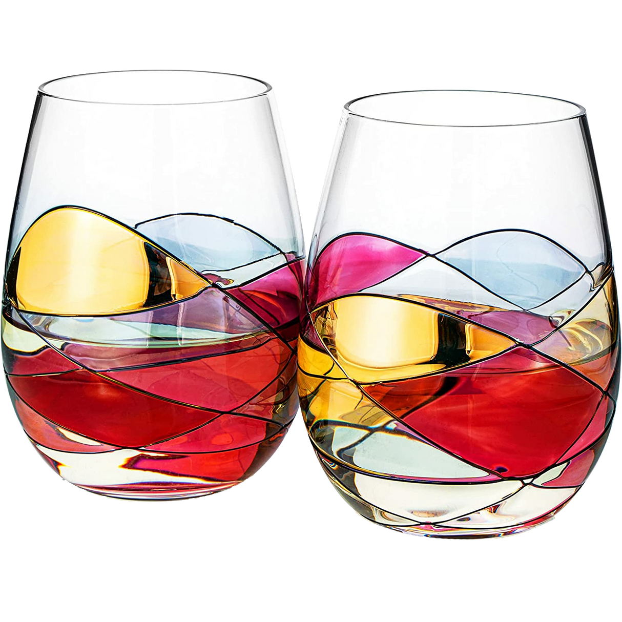 Artisanal Hand Painted Stemless - Gift for Mom, Friends, Girlfriends, Renaissance Romantic Stain-glassed Windows Wine Glasses Set of 2 - Gift Idea for Birthday, Housewarming - Extra Large Goblets from The Wine Savant