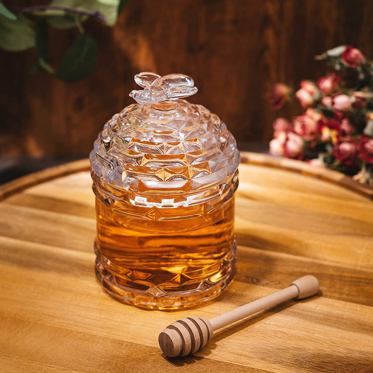 Crystal Bee Honey Dish Jar, Gift 6" - Glass Honey Pot with Dipper and Lid Cover for Home Kitchen Honey and Syrup, Gorgeous Bee Decor Beehive Honey Pot, Great for Jam, Honey, Jelly 14oz from The Wine Savant