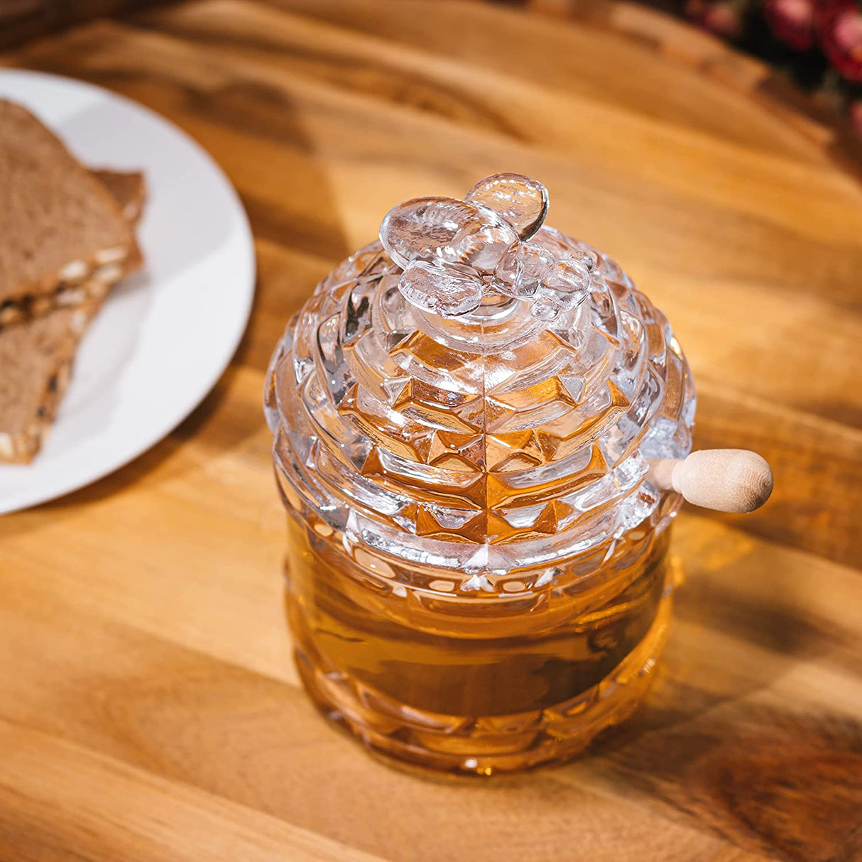 Crystal Bee Honey Dish Jar, Gift 6" - Glass Honey Pot with Dipper and Lid Cover for Home Kitchen Honey and Syrup, Gorgeous Bee Decor Beehive Honey Pot, Great for Jam, Honey, Jelly 14oz from The Wine Savant