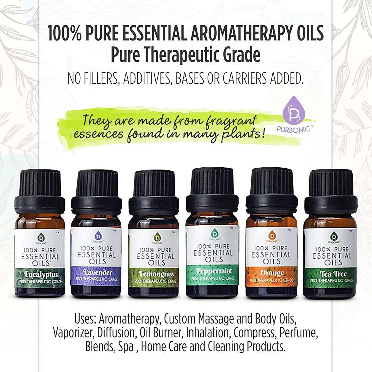 6 Pack of 100% Pure Essential Aromatherapy Oils from Pursonic