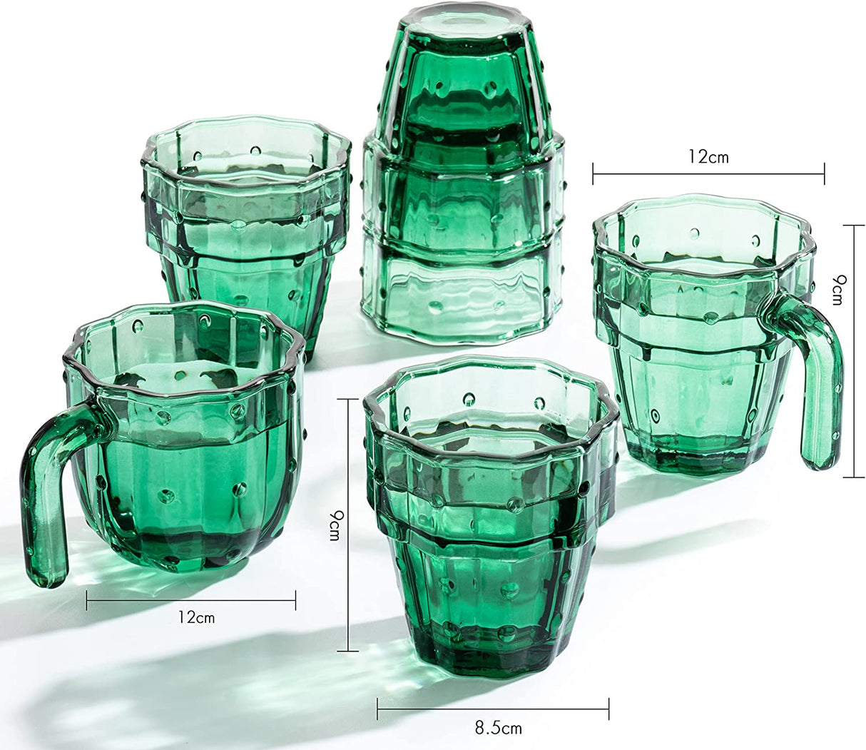 Cactus Stackable Glasses, Stacktus Gifts, Set of 6-10 oz Cactus Shape Glasses With Handles Green Glass Blown Figurines Plant Decorations for Parties 3.5" H 5" W - Copyright Design, Patent Pending from The Wine Savant