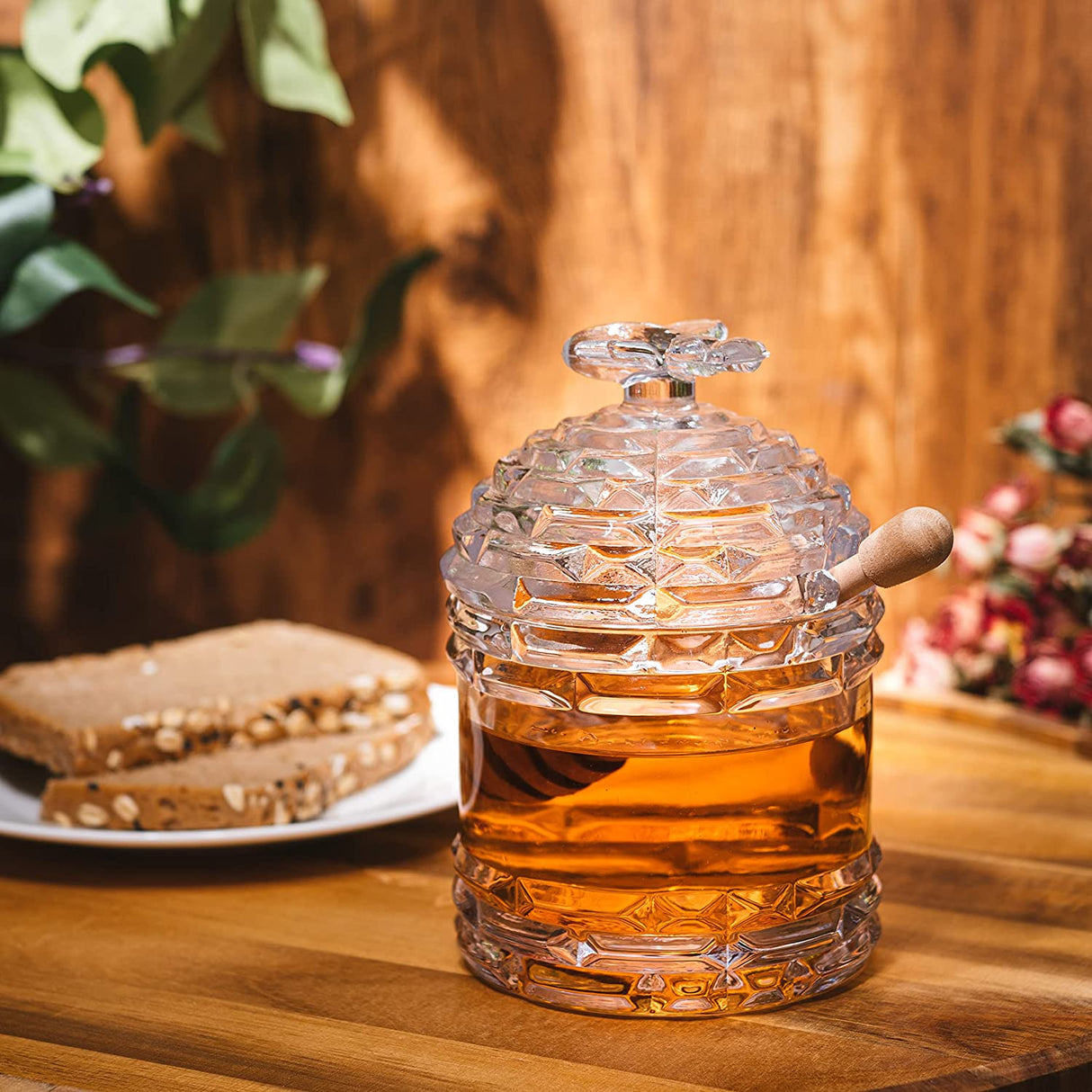 Crystal Bee Honey Dish Jar, Gift 6" - Glass Honey Pot with Dipper and Lid Cover for Home Kitchen Honey and Syrup, Gorgeous Bee Decor Beehive Honey Pot, Great for Jam, Honey, Jelly 14oz from The Wine Savant