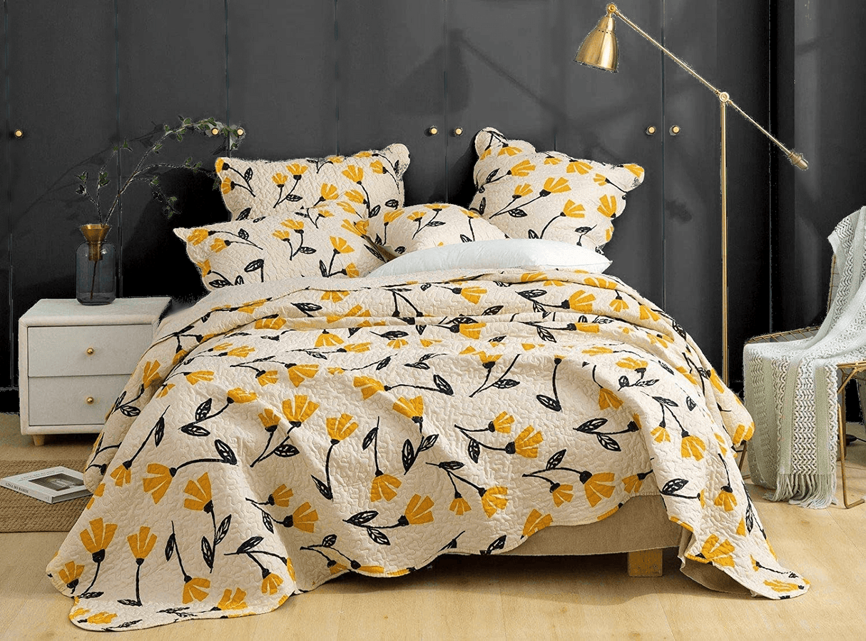DaDa Bedding Yellow Fleur Floral Golden Orange Ivory Cream Scalloped Bedspread Set (18112) from DaDalogy Bedding Collection