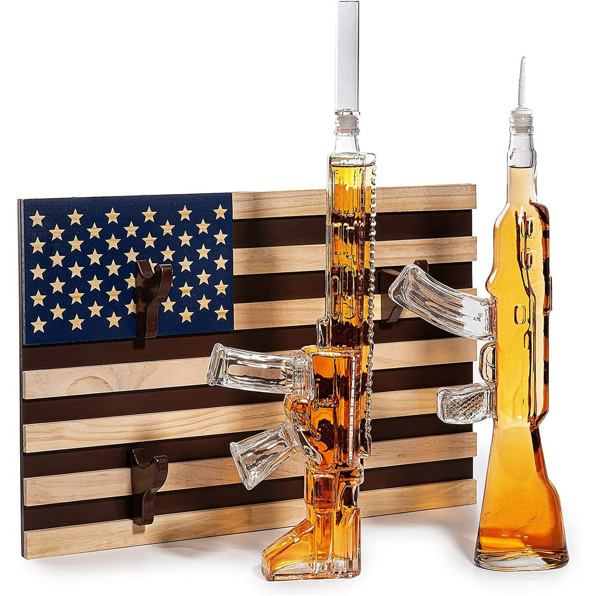 2 Gun Whiskey Decanters Set AR15 and AK47 Gun Decanter 1000ml American Flag Wall Rack by The Wine Savant - Veteran Gifts, Gun Lover Gifts, Tik Tok Gun Decanter, Military Gifts from The Wine Savant