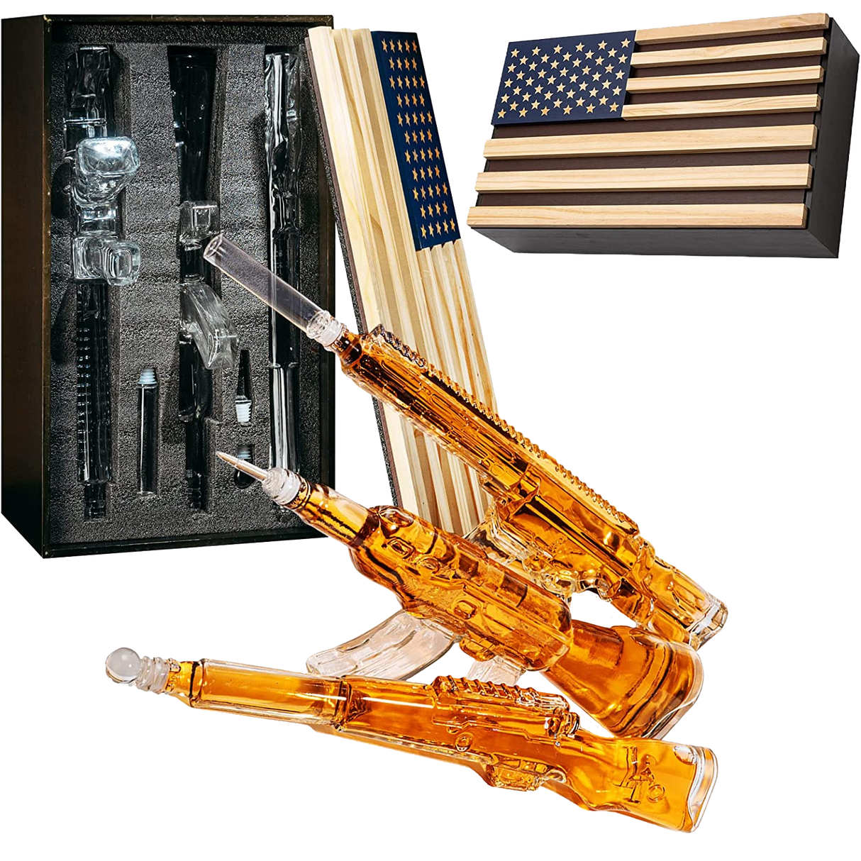 3 Gun Whiskey Decanters Set AR15, AK47, & Rifle Gun Decanter Set 1000ml by The Wine Savant - Veteran Gifts, Home Bar, Gun Lover Gifts, Tik Tok Gun Decanter, Military Gifts Gifts for Dad… from The Wine Savant
