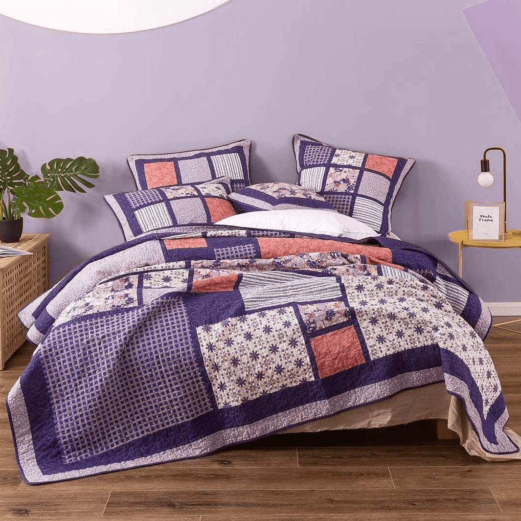 DaDa Bedding Peachy Pink Floral Blossoms Plum Purple Patchwork Quilted Bedspread Set - Designed in USA (JHW877) from DaDalogy Bedding Collection
