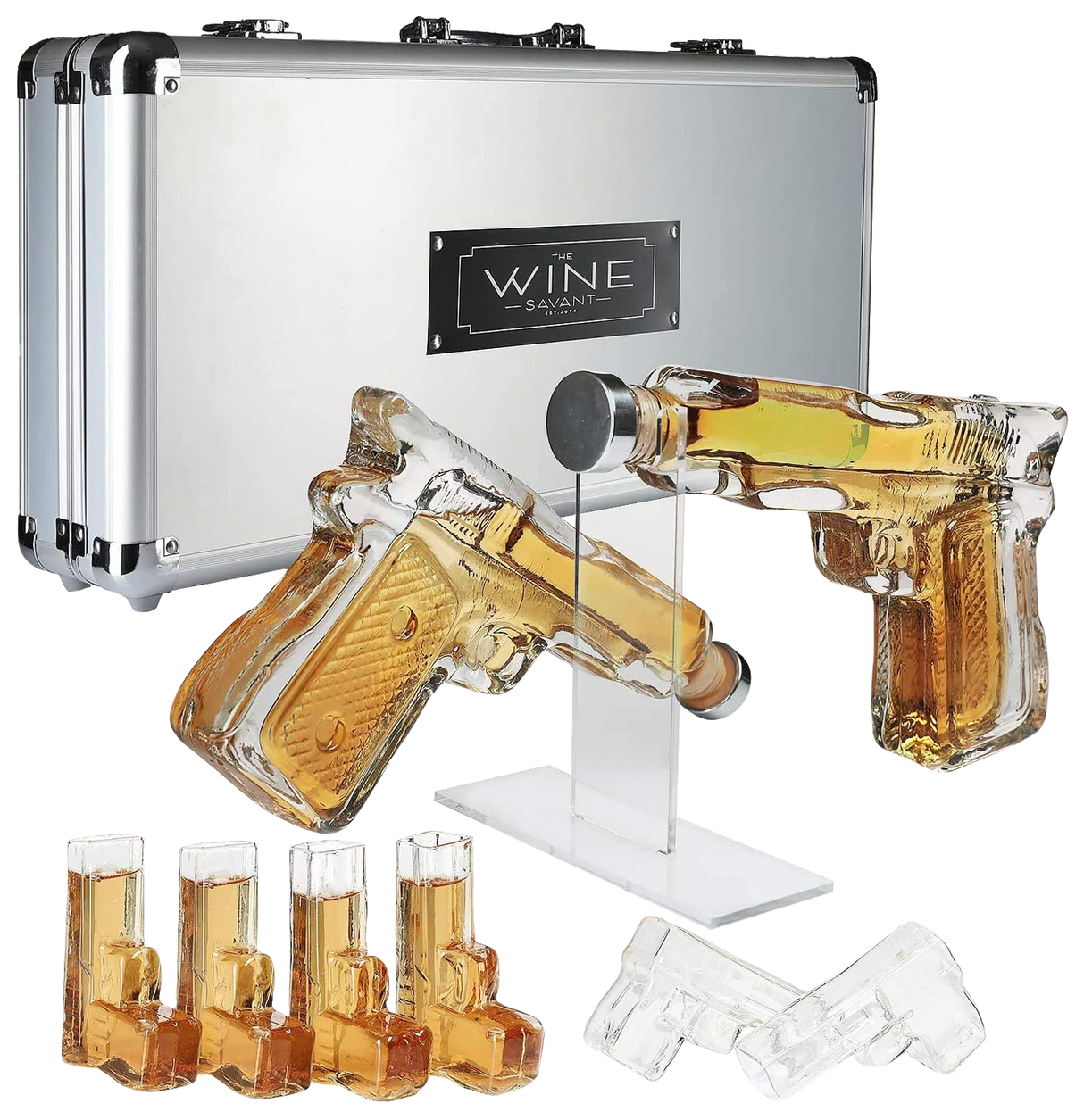 Pistol Whiskey Gun Decanter & Pistol Shot Glasses Set - Comes with A large Carrying Case - Drinking Party Accessories, Great Gift from The Wine Savant
