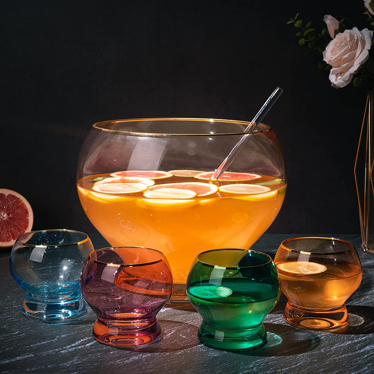 Colorful 1.7 Gallon Punch Bowl with 4 10oz Glasses Set with Ladle Gift For Mothers Day, Her, Wife, Mom, Friend - Colored Set Margarita, Cocktails, Juice, Punch Drink bowl for Parties, Weddings from The Wine Savant