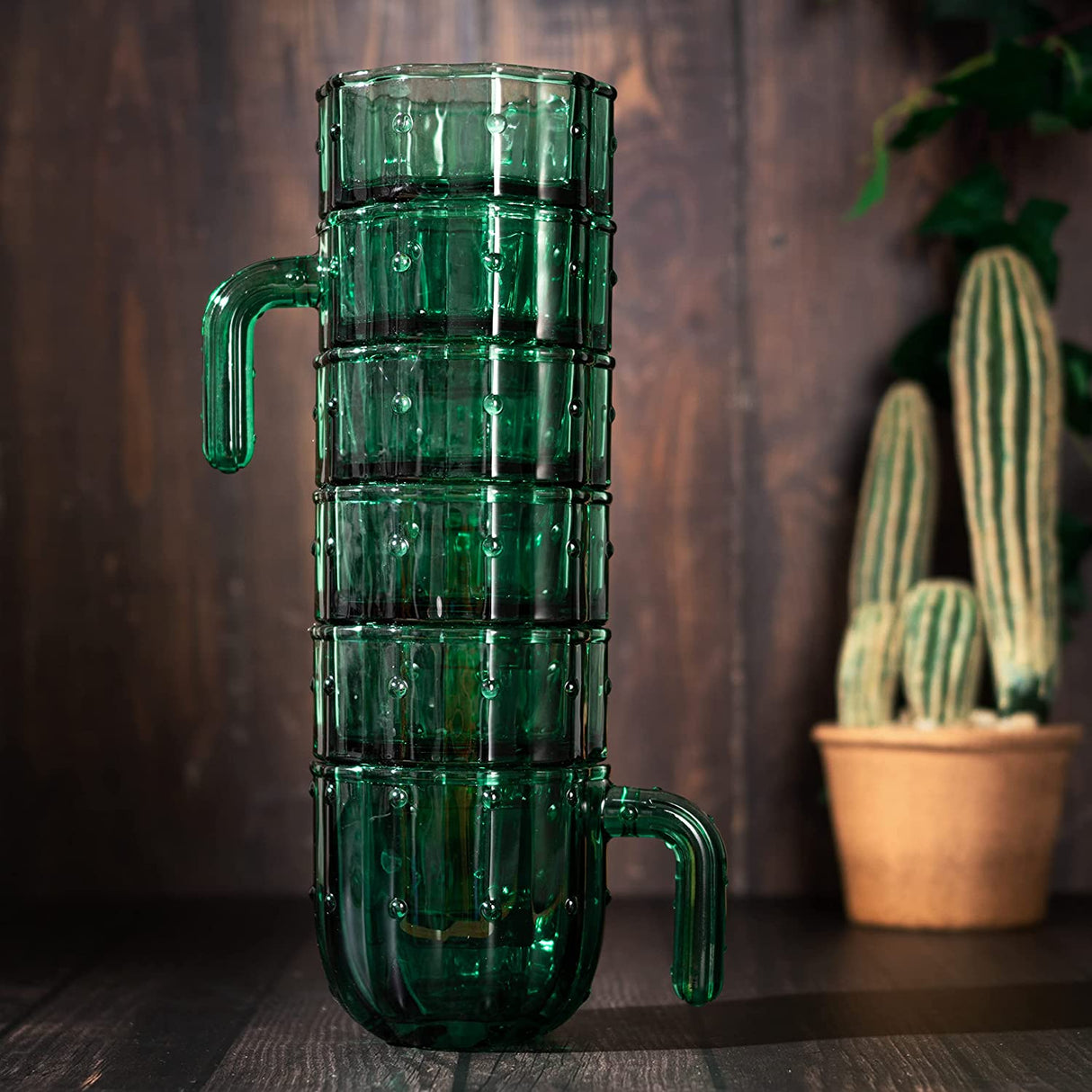 Cactus Stackable Glasses, Stacktus Gifts, Set of 6-10 oz Cactus Shape Glasses With Handles Green Glass Blown Figurines Plant Decorations for Parties 3.5" H 5" W - Copyright Design, Patent Pending from The Wine Savant