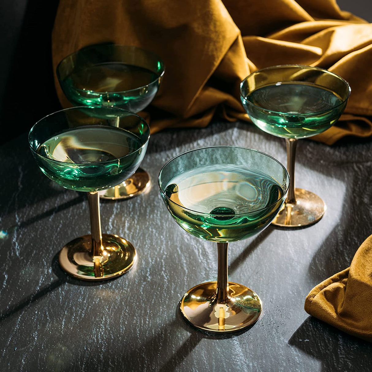 Colored Coupe Art Deco Glasses, Gold | Set of 4 | 8 oz Classic Cocktail Glassware for Champagne, Martini, Manhattan, Sidecar, Crystal Speakeasy Style Goblets Stems (Green) from The Wine Savant