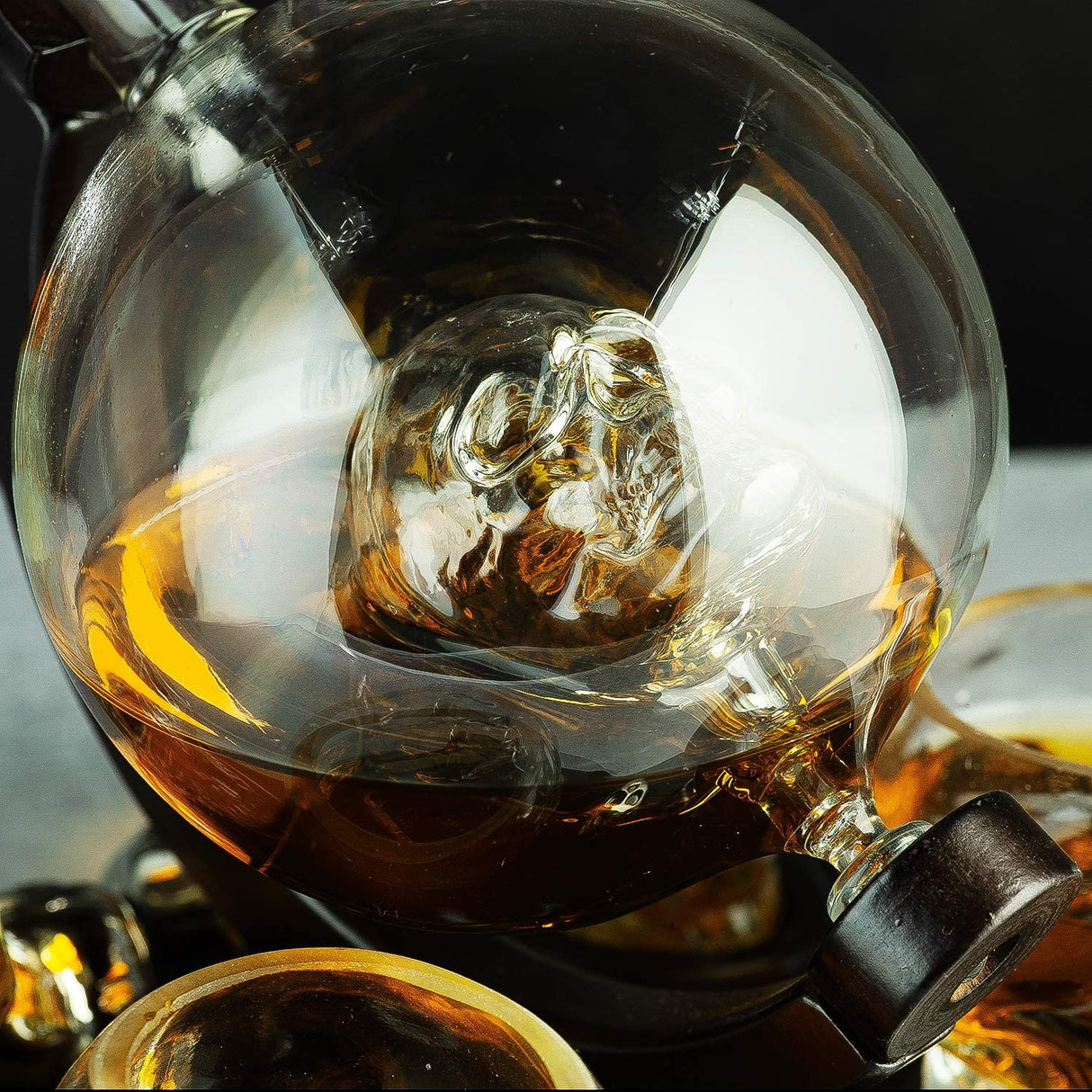 Skull Skeleton Wine & Whiskey Globe Decanter Set 850 mL With 4 Skull Head 3oz Skeletons Shot Glasses And Skull Chillers Wooden Base Decor Glass Goth Spooky Drinking Glassware from The Wine Savant