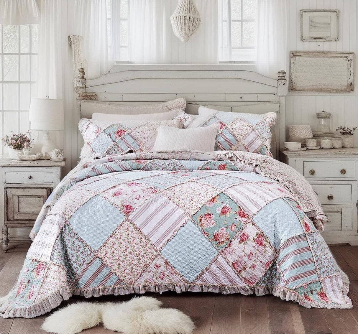 DaDa Bedding Hint of Mint Floral Pastel Cotton Patchwork Ruffle Bedspread Set (JHW-3036) from DaDalogy Bedding Collection