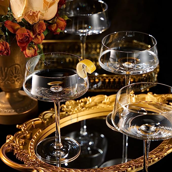 Luxury Martini Glass Set of 4 | 10oz | Crystal Luxury Martini with Silver Spoon, Premium Hand-Blown | Classic Cocktail & Champagne Clear Coupes For Manhattan, Cosmopolitan, Sidecar, Speakeasy Goblets from The Wine Savant