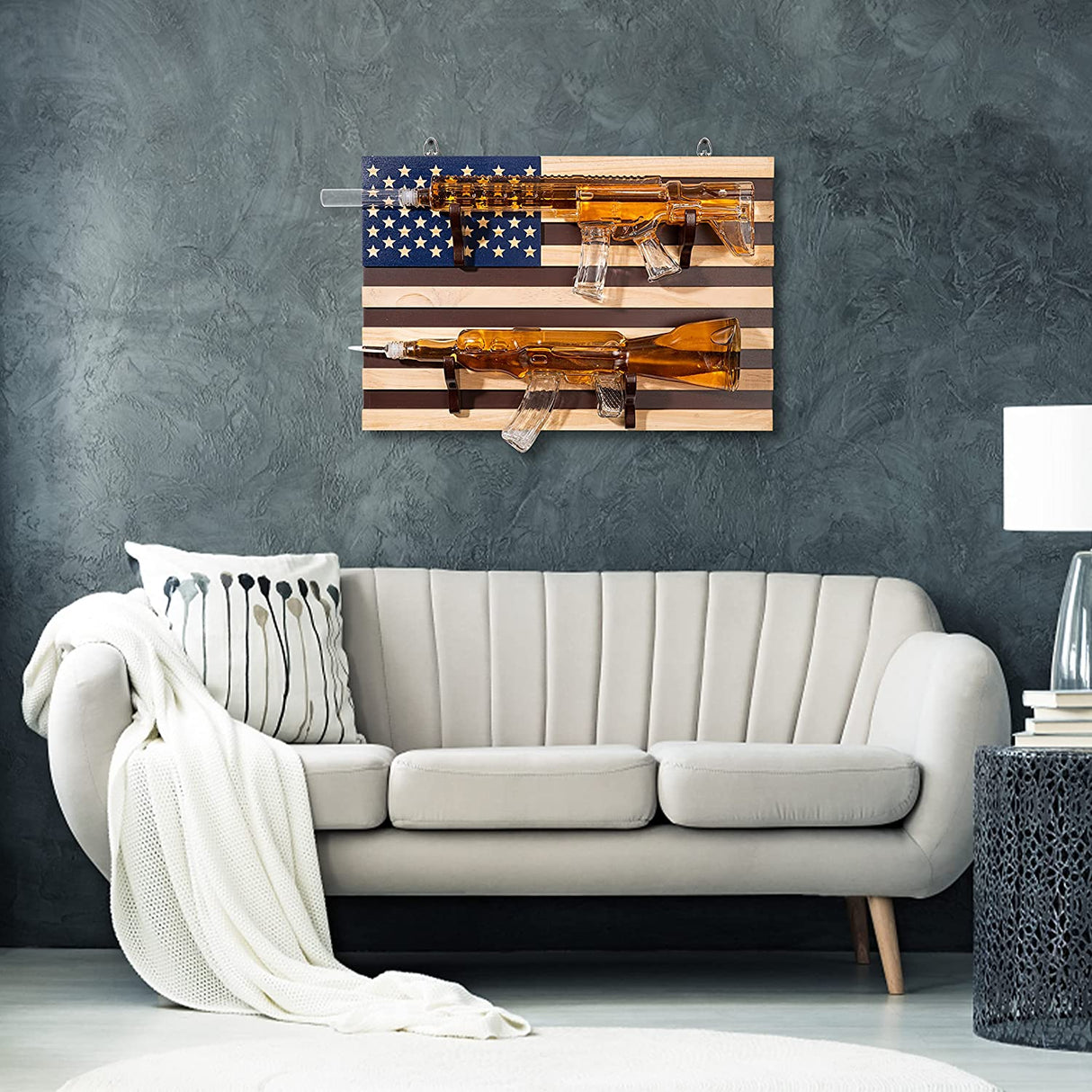 2 Gun Whiskey Decanters Set AR15 and AK47 Gun Decanter 1000ml American Flag Wall Rack by The Wine Savant - Veteran Gifts, Gun Lover Gifts, Tik Tok Gun Decanter, Military Gifts from The Wine Savant