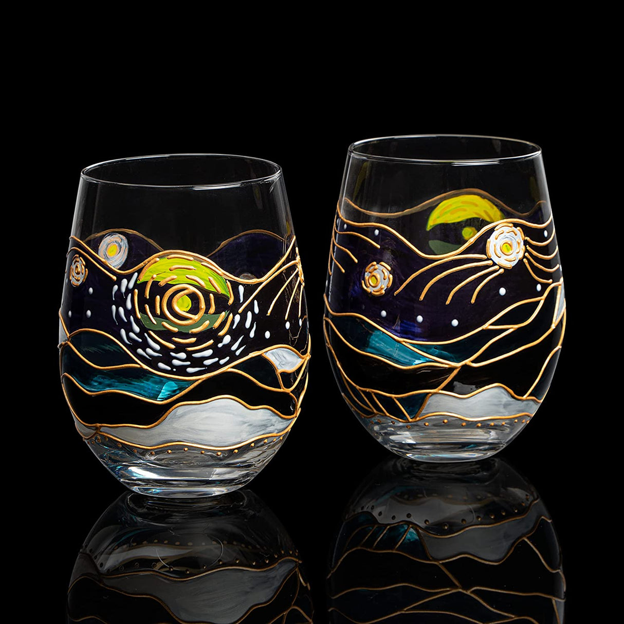 Vincent Van Gogh Wine Glasses Artisanal Hand Painted Stemless Set of 2 - The Wine Savant - 2 Set of Tumblers - Artistic Gift Idea for Her, Him, Birthday, Housewarming - Extra Large Goblets (18.5 OZ) from The Wine Savant