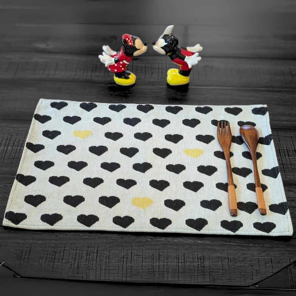 DaDa Bedding Set of 4-Pieces Lovely Yellow & Black Hearts Tapestry Dining Table Placemats 13” x 19” (18113) from DaDalogy Bedding Collection