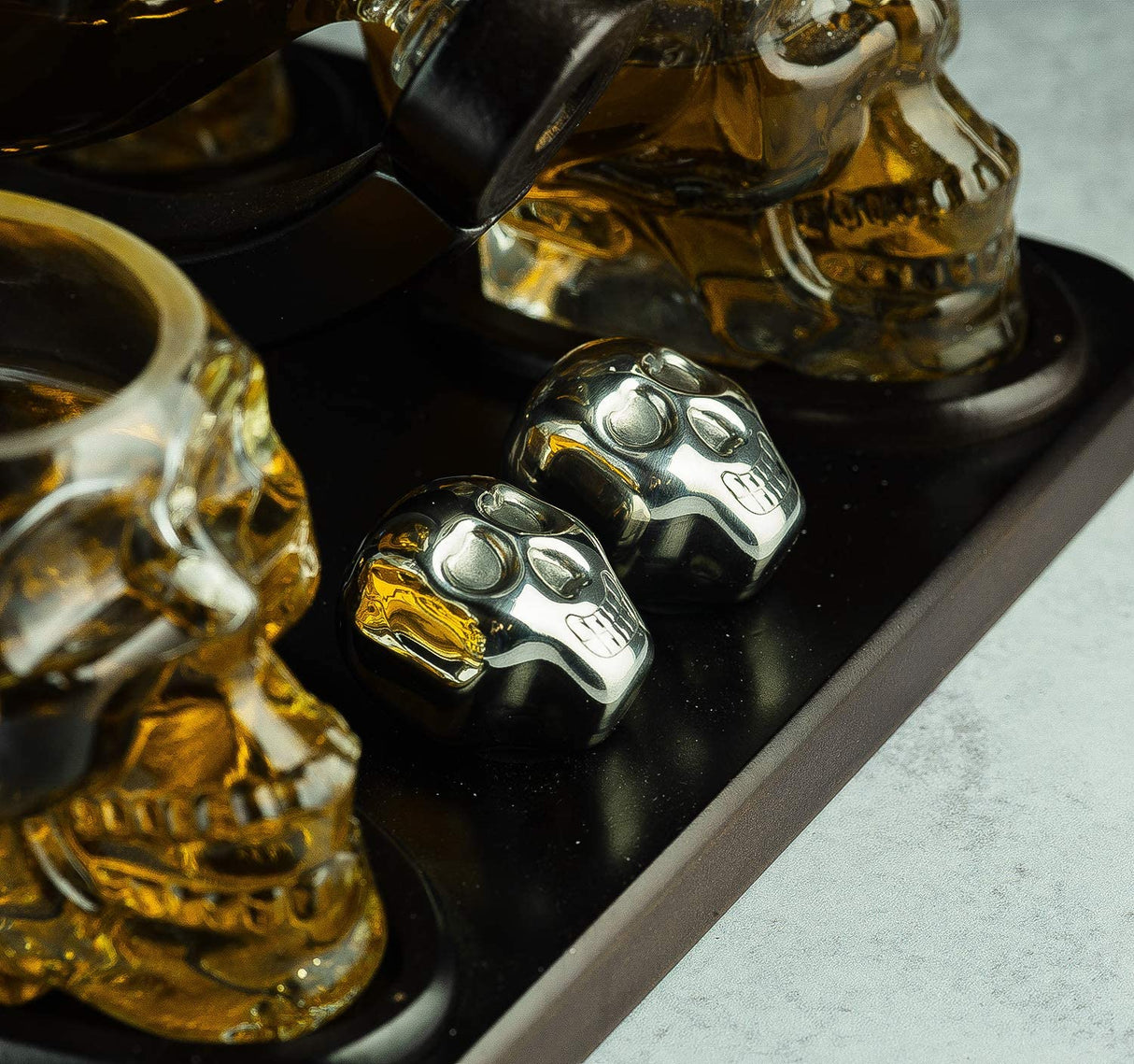Skull Skeleton Wine & Whiskey Globe Decanter Set 850 mL With 4 Skull Head 3oz Skeletons Shot Glasses And Skull Chillers Wooden Base Decor Glass Goth Spooky Drinking Glassware from The Wine Savant