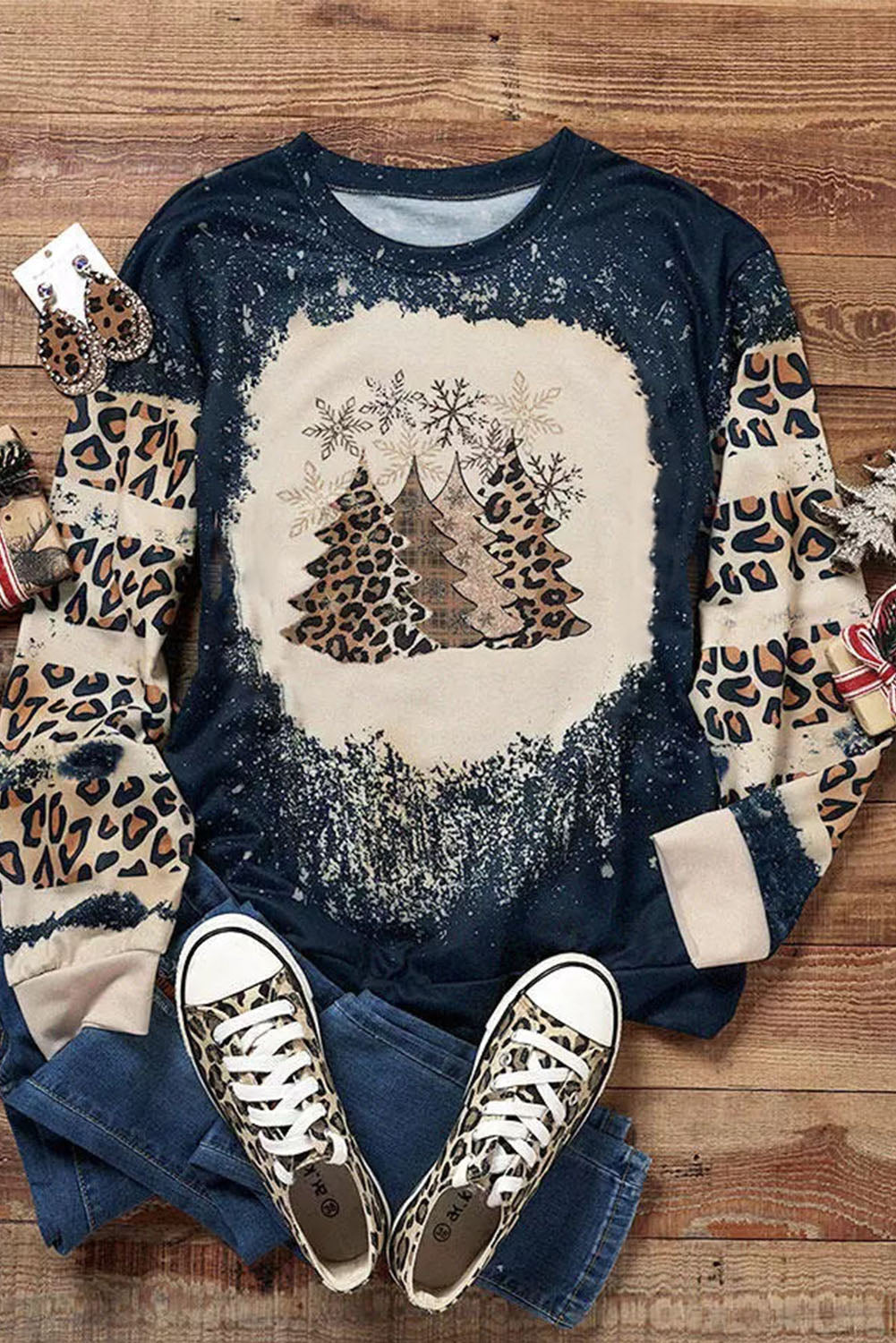 Black Christmas Tree Leopard Color Block Pullover Sweatshirt from MsDressly