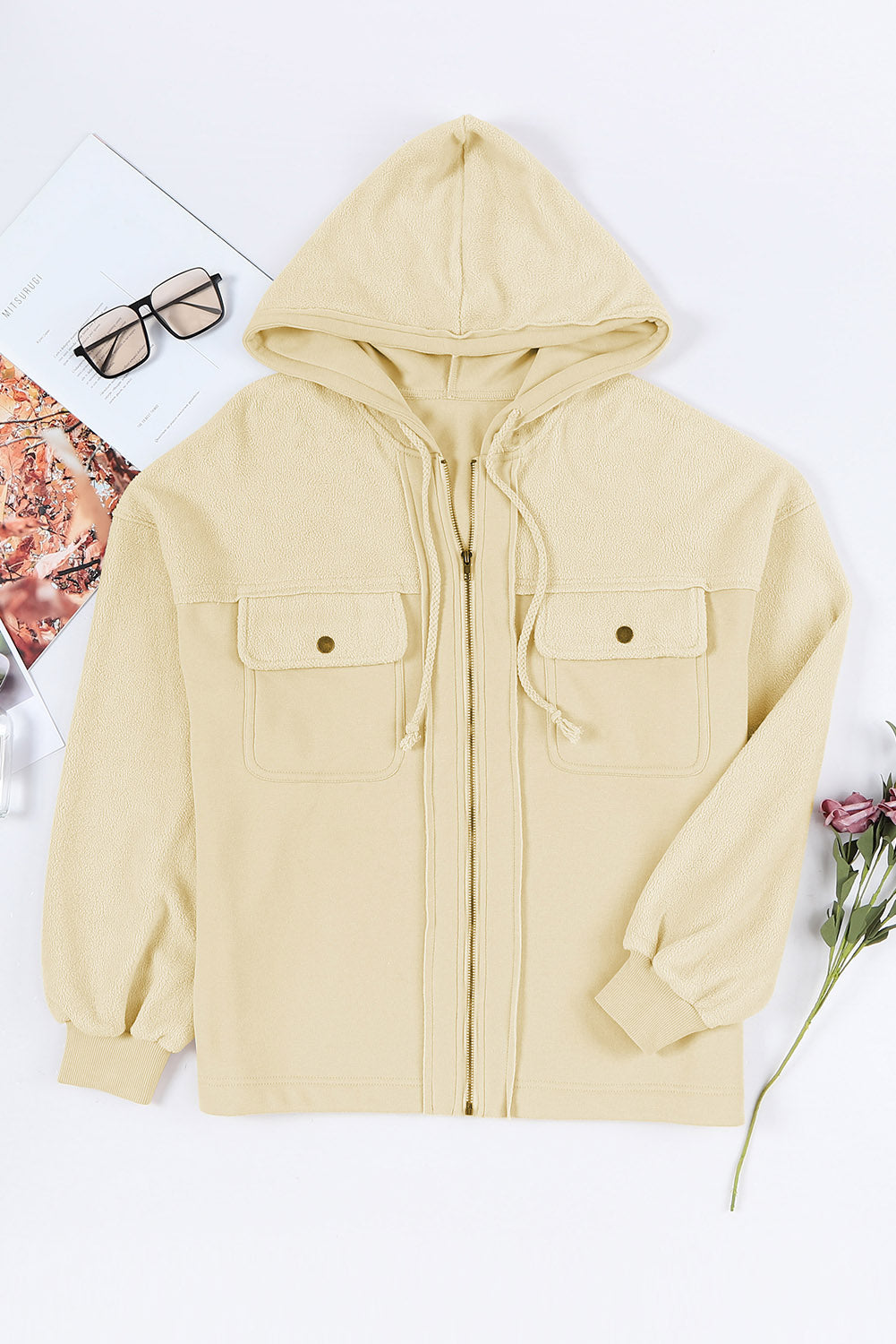 Apricot Flap Pocket Drawstring Hood Zip Up Jacket from MsDressly