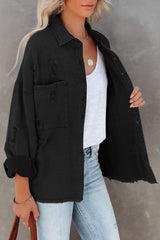 Black Distressed Fringe Trim Denim Jacket from MsDressly