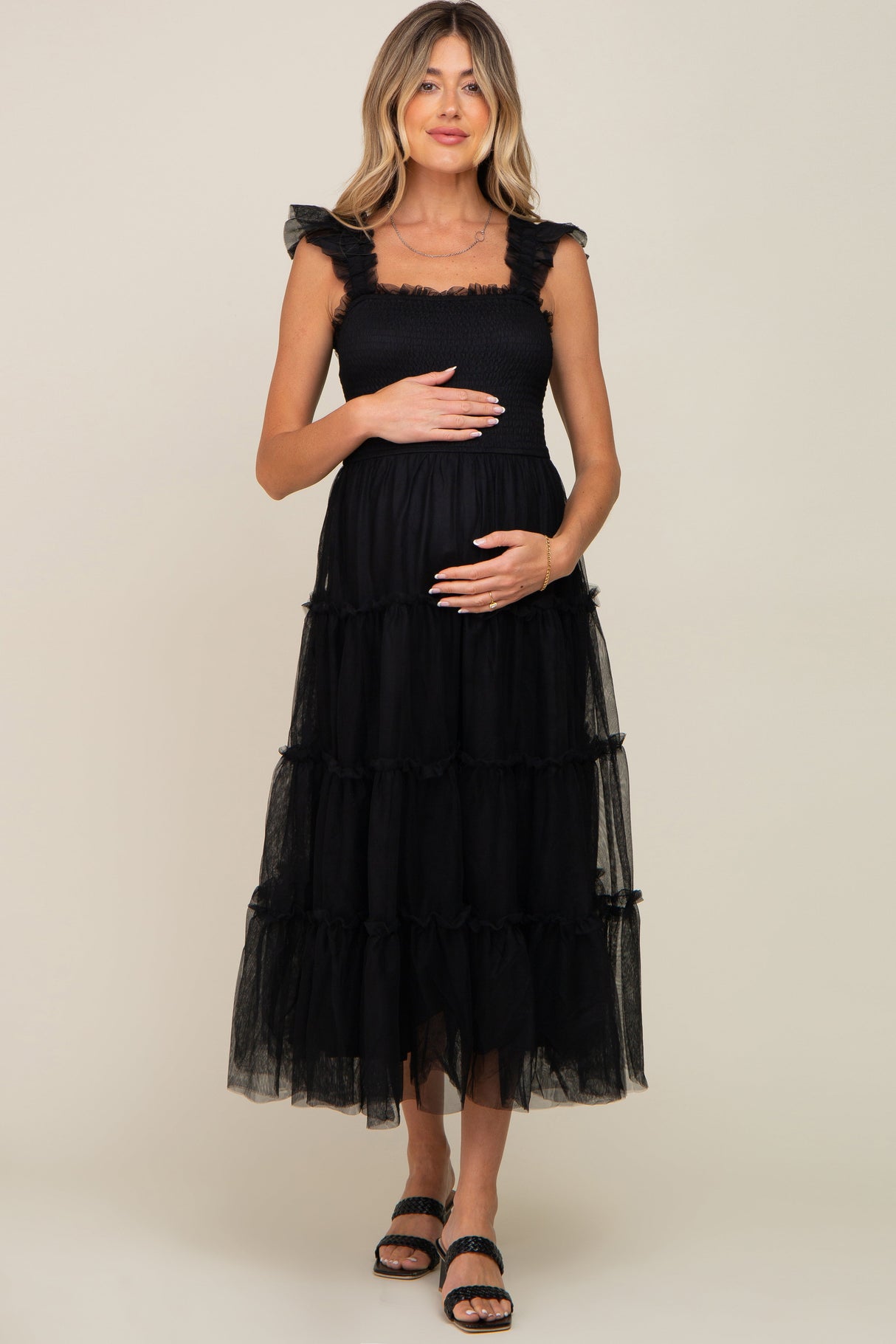 Black Smocked Mesh Ruffle Accent Maternity Midi Dress from PinkBlush