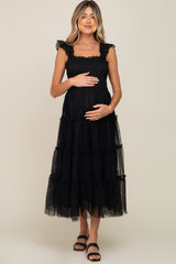Black Smocked Mesh Ruffle Accent Maternity Midi Dress from PinkBlush