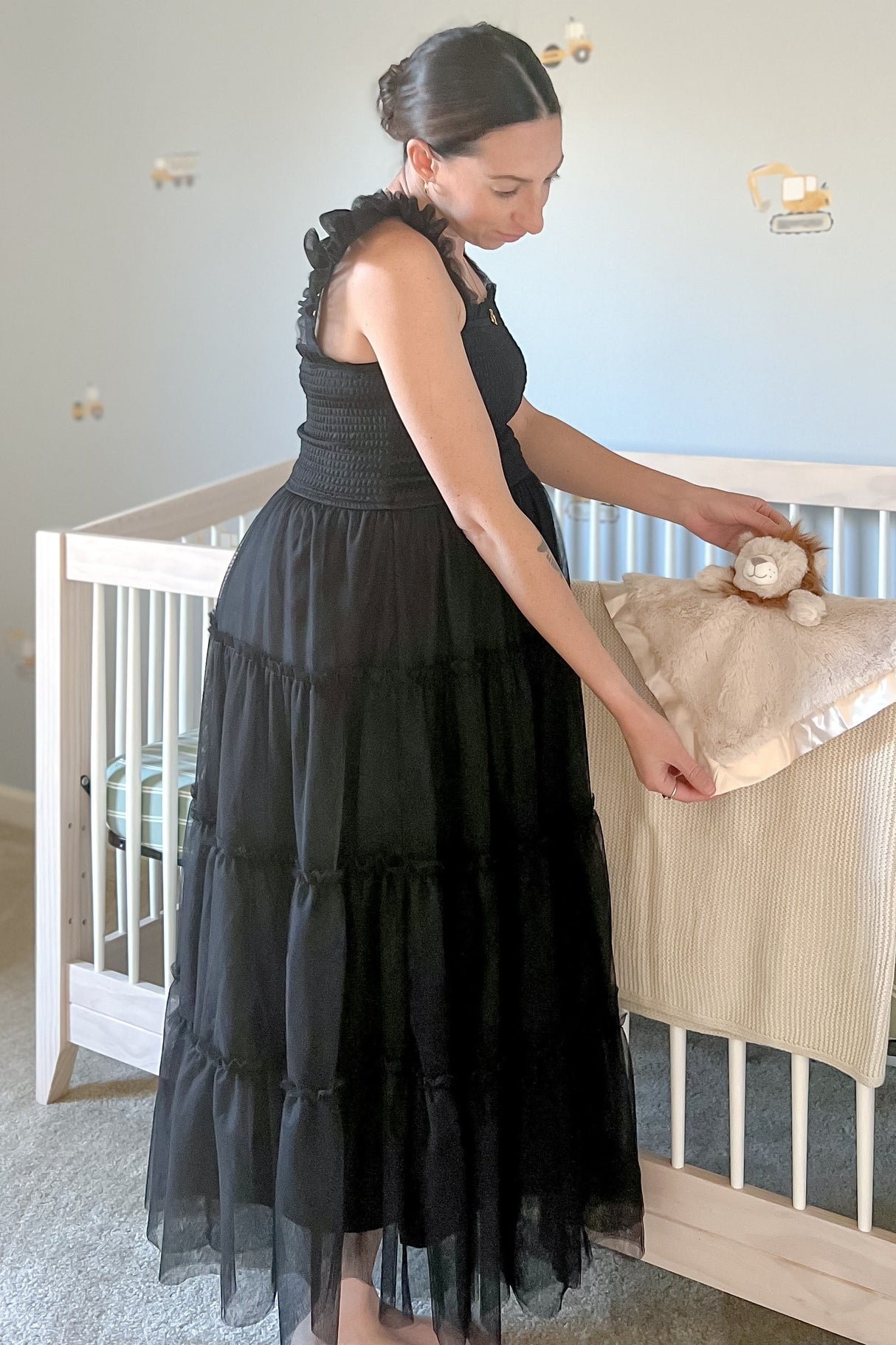 Black Smocked Mesh Ruffle Accent Maternity Midi Dress from PinkBlush