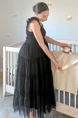 Black Smocked Mesh Ruffle Accent Maternity Midi Dress from PinkBlush