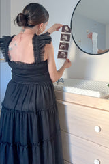 Black Smocked Mesh Ruffle Accent Maternity Midi Dress from PinkBlush